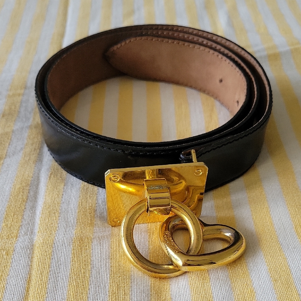 RARE VINTAGE 90s MOSCHINO REDWALL Black Leather Belt with Gold Heart Lock Charm
